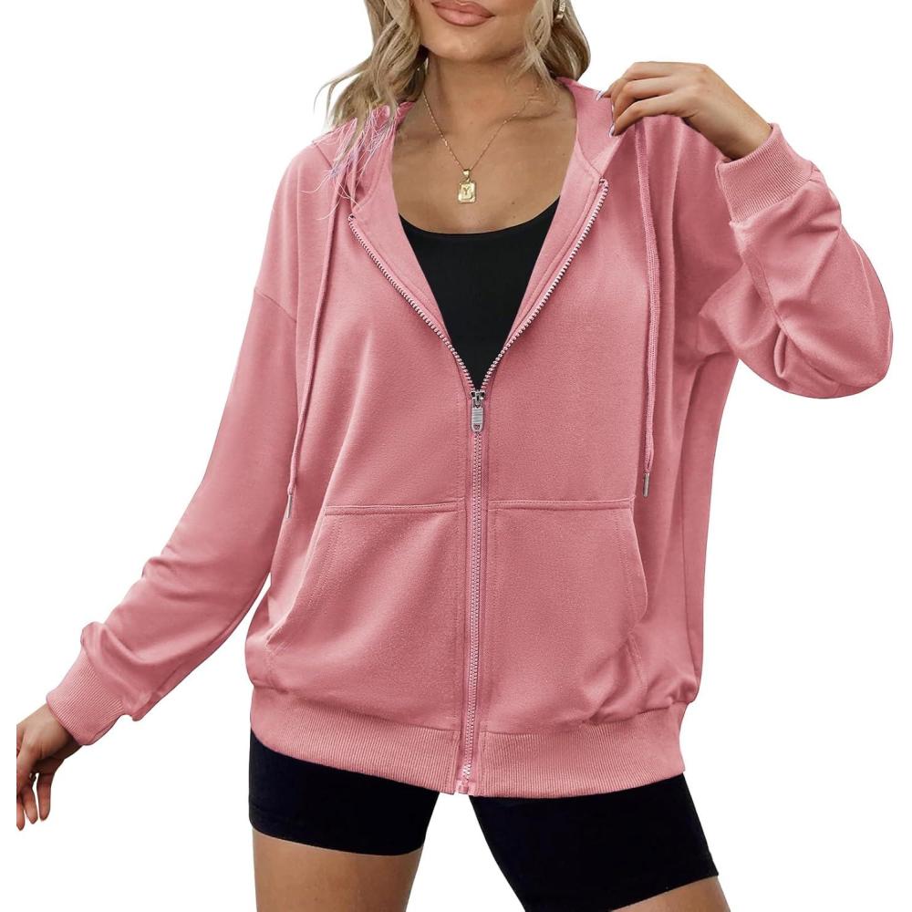 imageZeagoo Womens Lightweight Hoodies Full Zip Up Oversized Sweatshirts with Pockets Long Sleeve Thin Casual Hooded JacketsPink