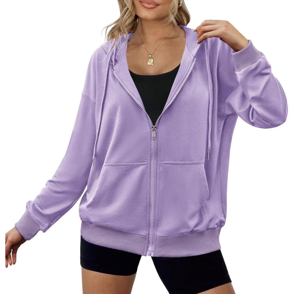 imageZeagoo Womens Lightweight Hoodies Full Zip Up Oversized Sweatshirts with Pockets Long Sleeve Thin Casual Hooded JacketsPurple