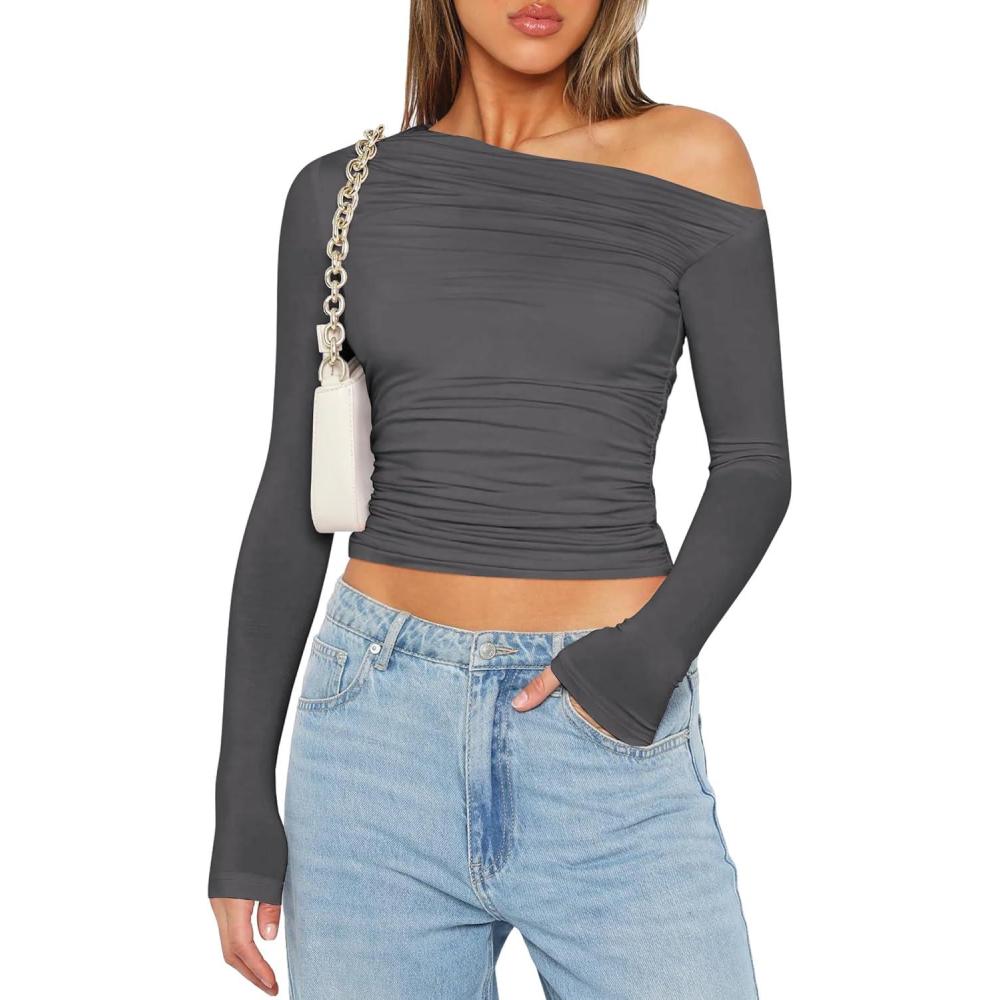 imageZeagoo Womens Long Sleeve Off The Shoulder Casual Crop Tops Boat Neck Going Out Slim Fit Sexy T Shirts 2026Dark Grey