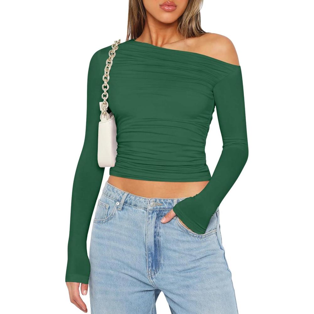 imageZeagoo Womens Long Sleeve Off The Shoulder Casual Crop Tops Boat Neck Going Out Slim Fit Sexy T Shirts 2026Light Green