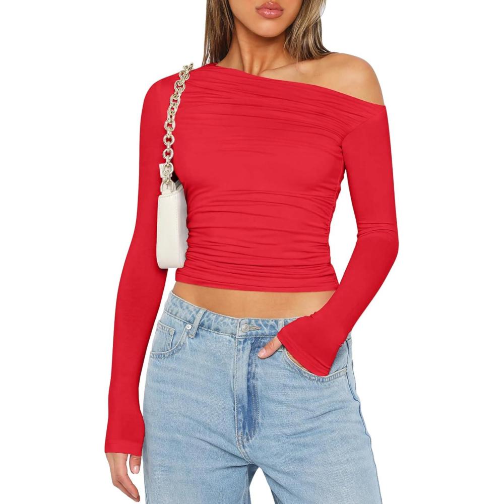 imageZeagoo Womens Long Sleeve Off The Shoulder Casual Crop Tops Boat Neck Going Out Slim Fit Sexy T Shirts 2026Red