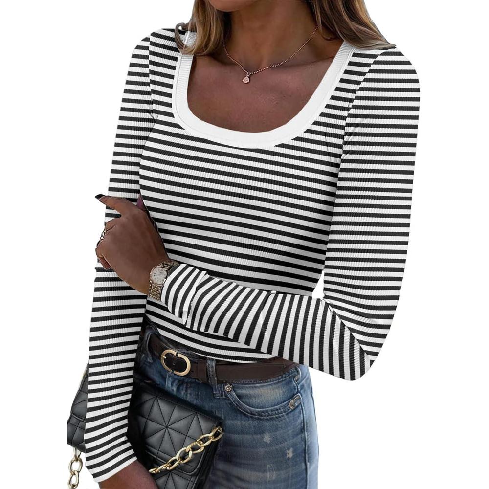 imageZeagoo Womens Long Sleeve Scoop Neck Shirts Casual Slim Fit Rib Knit Tops Summer Fall Basic Business Work TeeBlack White Stripe