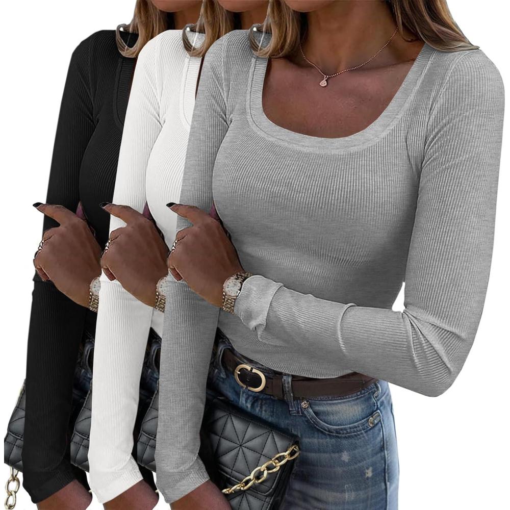 imageZeagoo Womens Long Sleeve Scoop Neck Shirts Casual Slim Fit Rib Knit Tops Summer Fall Basic Business Work TeeBlackwhitegrey