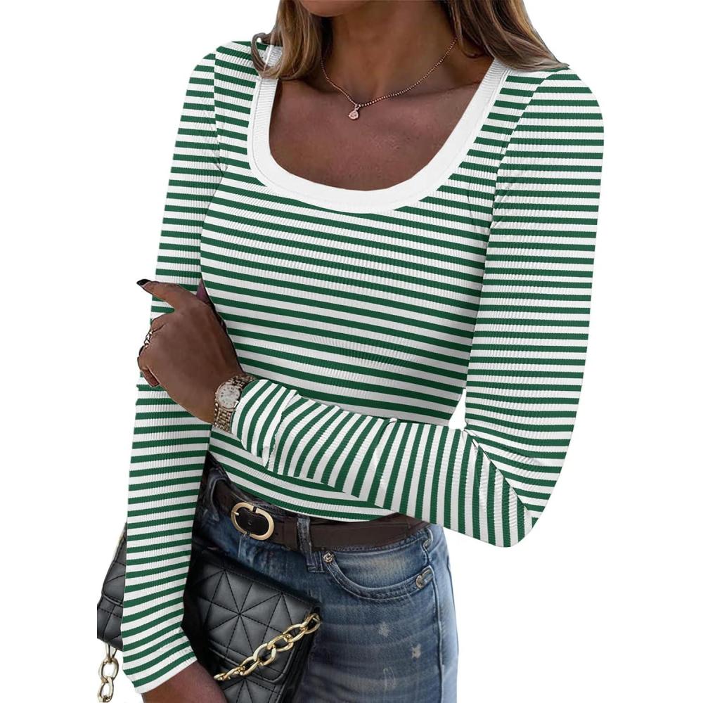 imageZeagoo Womens Long Sleeve Scoop Neck Shirts Casual Slim Fit Rib Knit Tops Summer Fall Basic Business Work TeeGreen White Stripe
