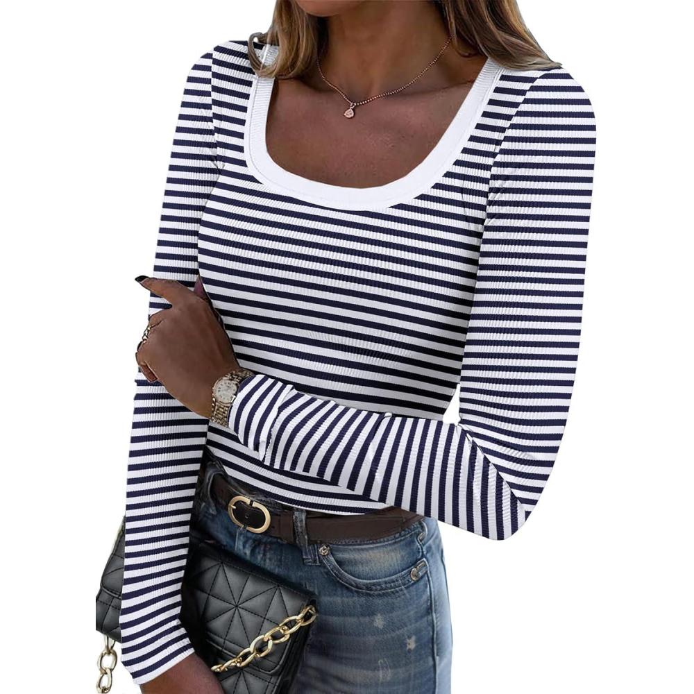 imageZeagoo Womens Long Sleeve Scoop Neck Shirts Casual Slim Fit Rib Knit Tops Summer Fall Basic Business Work TeeNavy White Stripe