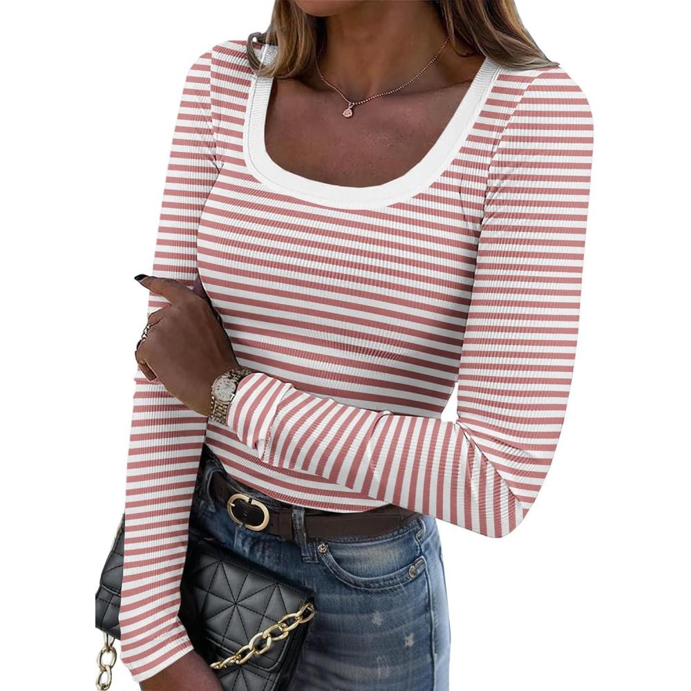 imageZeagoo Womens Long Sleeve Scoop Neck Shirts Casual Slim Fit Rib Knit Tops Summer Fall Basic Business Work TeePink White Stripe