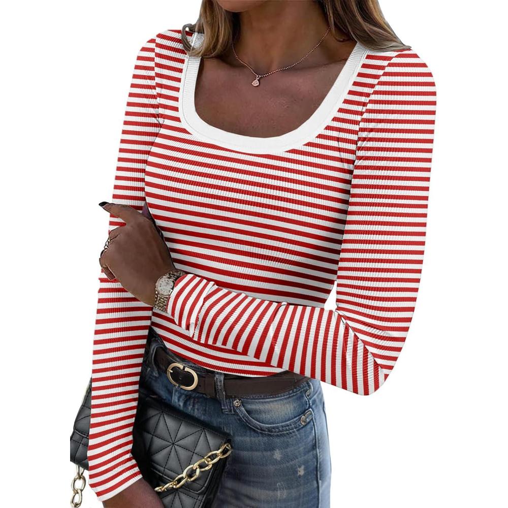 imageZeagoo Womens Long Sleeve Scoop Neck Shirts Casual Slim Fit Rib Knit Tops Summer Fall Basic Business Work TeeRed White Stripe