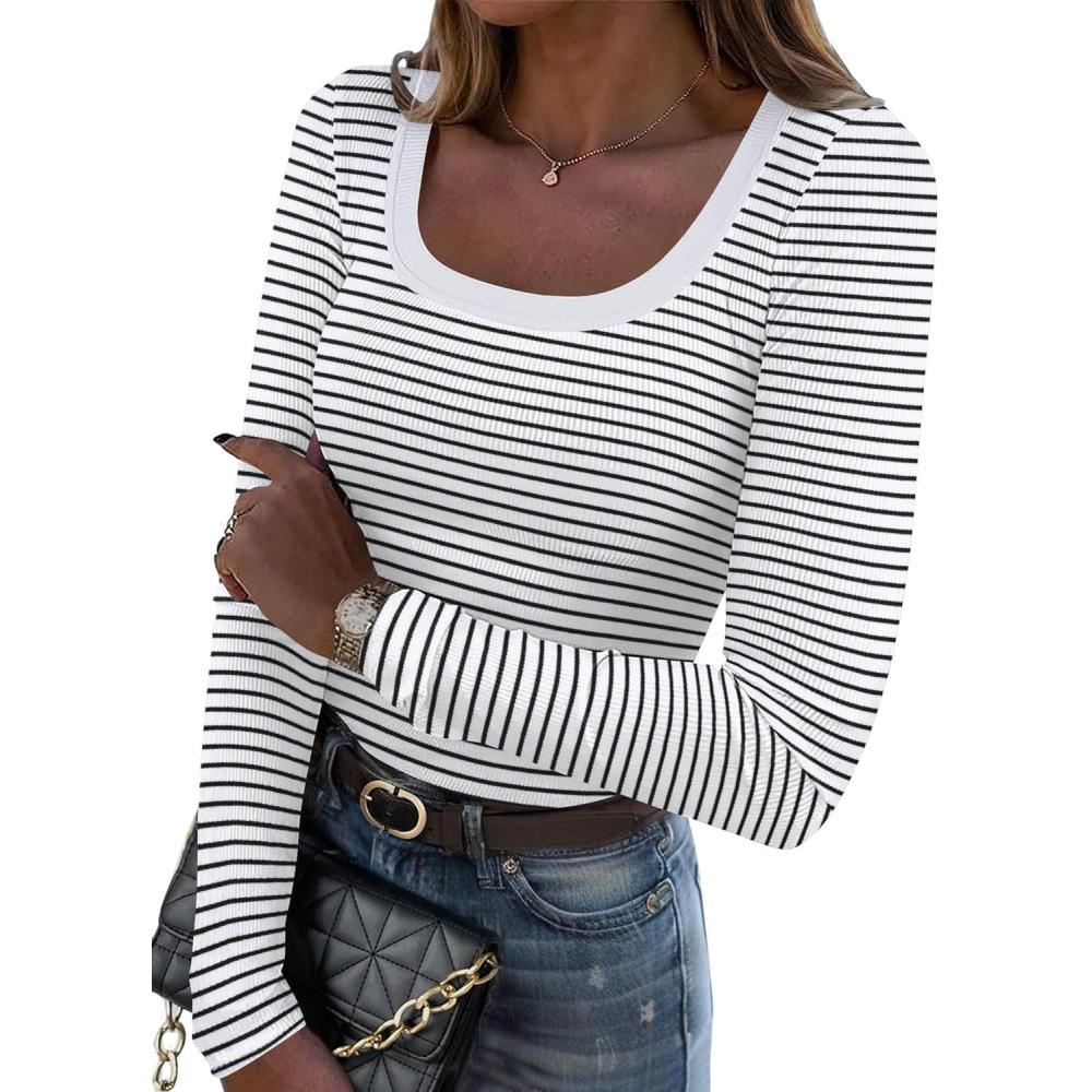 imageZeagoo Womens Long Sleeve Scoop Neck Shirts Casual Slim Fit Rib Knit Tops Summer Fall Basic Business Work TeeWhite Black Stripe2