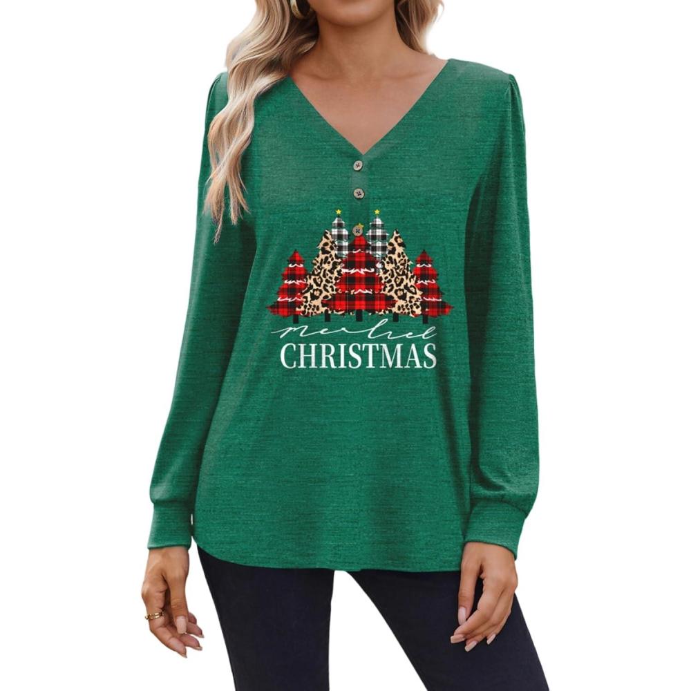 imageZeagoo Womens Long Sleeve Shirts V Neck Dressy Casual Tops Trendy Button Down Blouse Fall Fashion Work Clothes02christmas Green