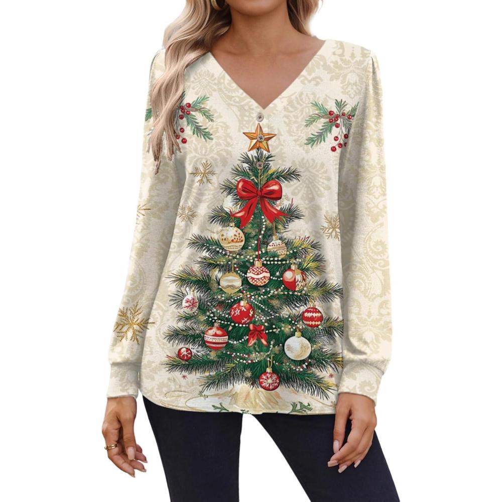 imageZeagoo Womens Long Sleeve Shirts V Neck Dressy Casual Tops Trendy Button Down Blouse Fall Fashion Work Clothes03christmas Khaki