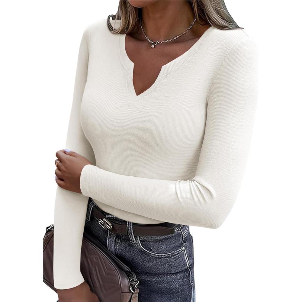 imageZeagoo Womens Long Sleeve Shirts VNeck Rib Knit Slim Fit Tops Casual Stretch Basic Tee Going Out Top Fall Fashion 202501white