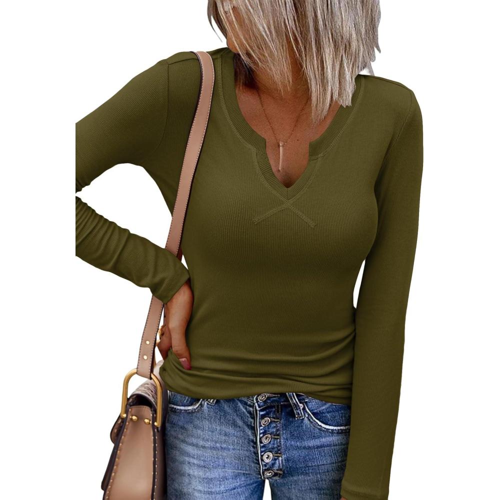 imageZeagoo Womens Long Sleeve Shirts VNeck Rib Knit Slim Fit Tops Casual Stretch Basic Tee Going Out Top Fall Fashion 2025Army Green