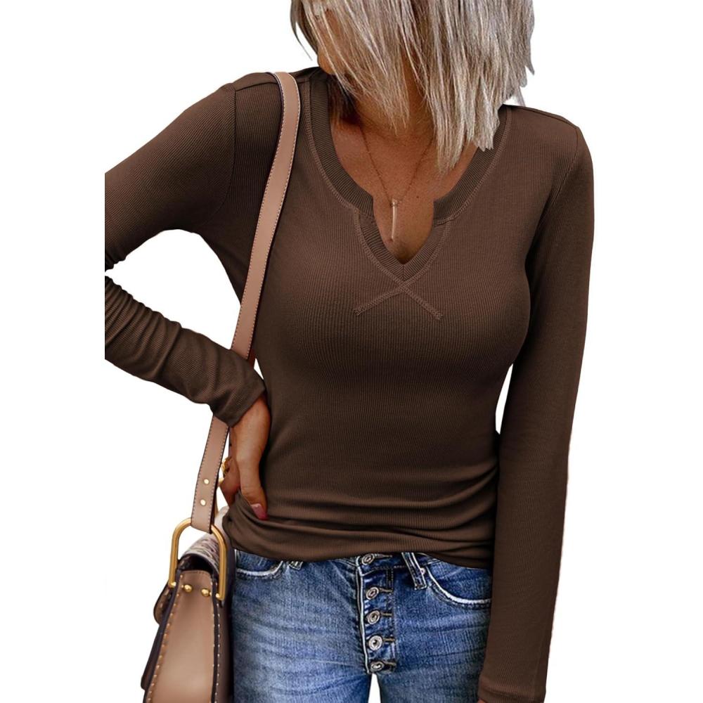 imageZeagoo Womens Long Sleeve Shirts VNeck Rib Knit Slim Fit Tops Casual Stretch Basic Tee Going Out Top Fall Fashion 2025Brown
