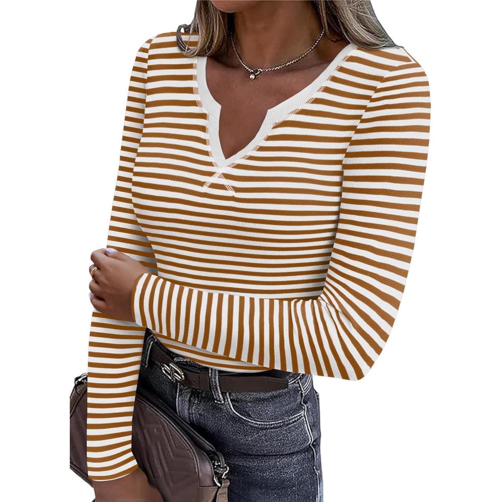 imageZeagoo Womens Long Sleeve Shirts VNeck Rib Knit Slim Fit Tops Casual Stretch Basic Tee Going Out Top Fall Fashion 2025Caramel White Stripe