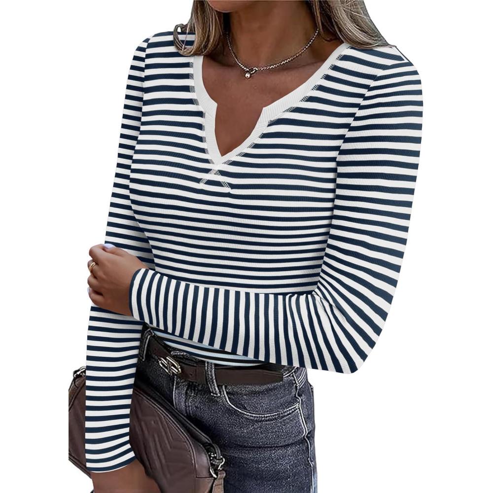 imageZeagoo Womens Long Sleeve Shirts VNeck Rib Knit Slim Fit Tops Casual Stretch Basic Tee Going Out Top Fall Fashion 2025Navy White Stripe