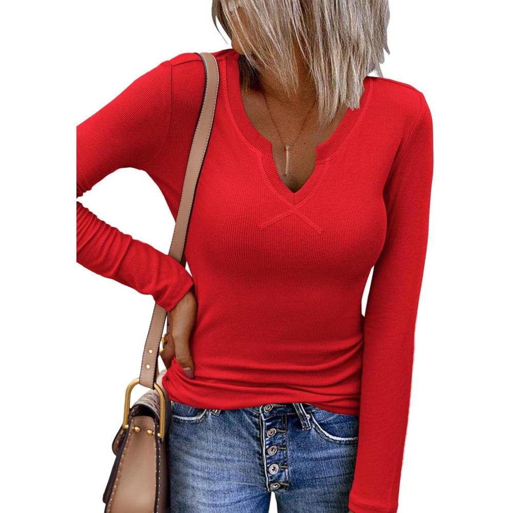 imageZeagoo Womens Long Sleeve Shirts VNeck Rib Knit Slim Fit Tops Casual Stretch Basic Tee Going Out Top Fall Fashion 2025Red