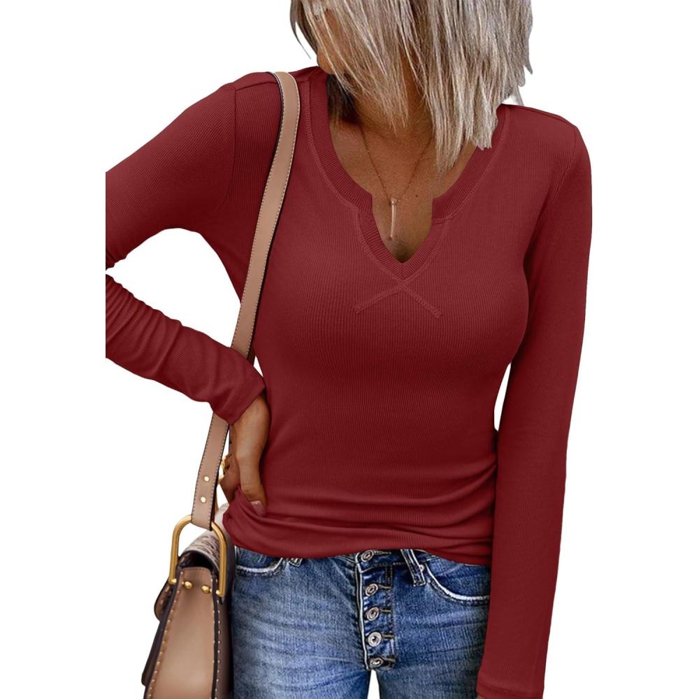 imageZeagoo Womens Long Sleeve Shirts VNeck Rib Knit Slim Fit Tops Casual Stretch Basic Tee Going Out Top Fall Fashion 2025Wine Red