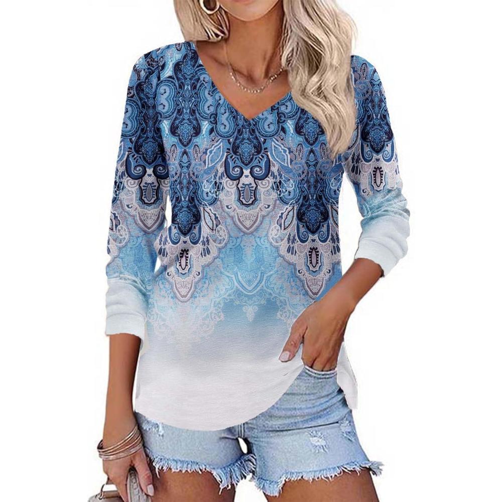 imageZeagoo Womens Long Sleeve T Shirts V Neck Soft Basic Tee Loose Fit Casual Tops Winter ClothingBoho Blue