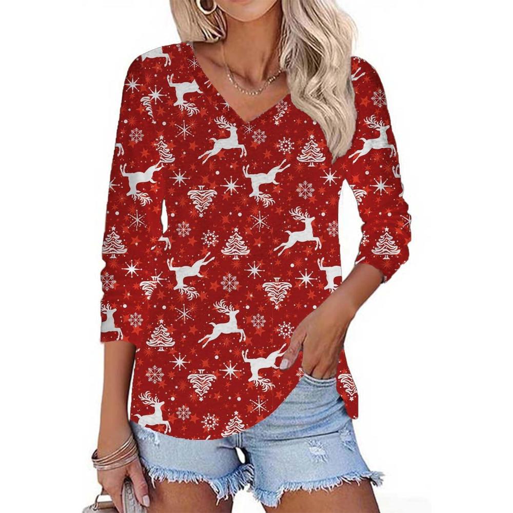 imageZeagoo Womens Long Sleeve T Shirts V Neck Soft Basic Tee Loose Fit Casual Tops Winter ClothingChristmas Red