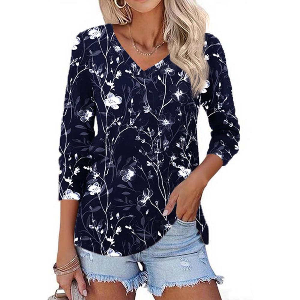 imageZeagoo Womens Long Sleeve T Shirts V Neck Soft Basic Tee Loose Fit Casual Tops Winter ClothingNavy Floral 180