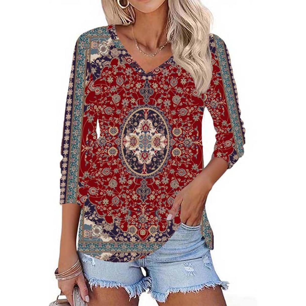 imageZeagoo Womens Long Sleeve T Shirts V Neck Soft Basic Tee Loose Fit Casual Tops Winter ClothingRed Pattern Mz870