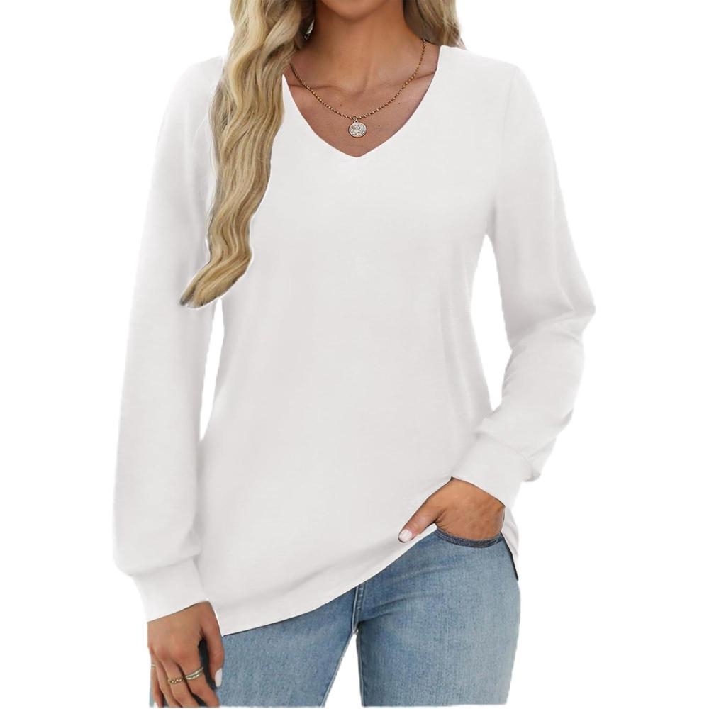 imageZeagoo Womens Long Sleeve T Shirts V Neck Soft Basic Tee Loose Fit Casual Tops Winter ClothingWhite