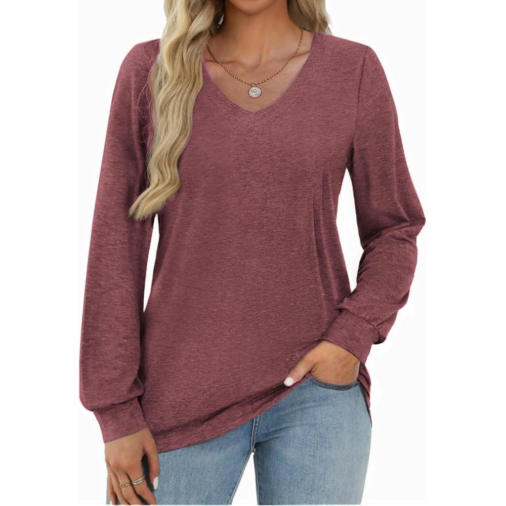 imageZeagoo Womens Long Sleeve T Shirts V Neck Soft Basic Tee Loose Fit Casual Tops Winter ClothingWine Red