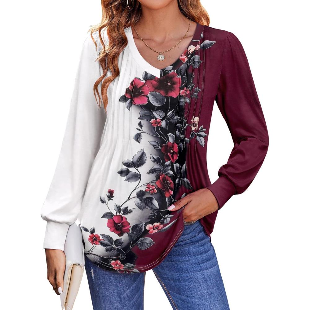 imageZeagoo Womens Puff Long Sleeve Shirts Pleated V Neck Fall Tunic Tops Blouse Dressy Casual Summer TShirtsBf183