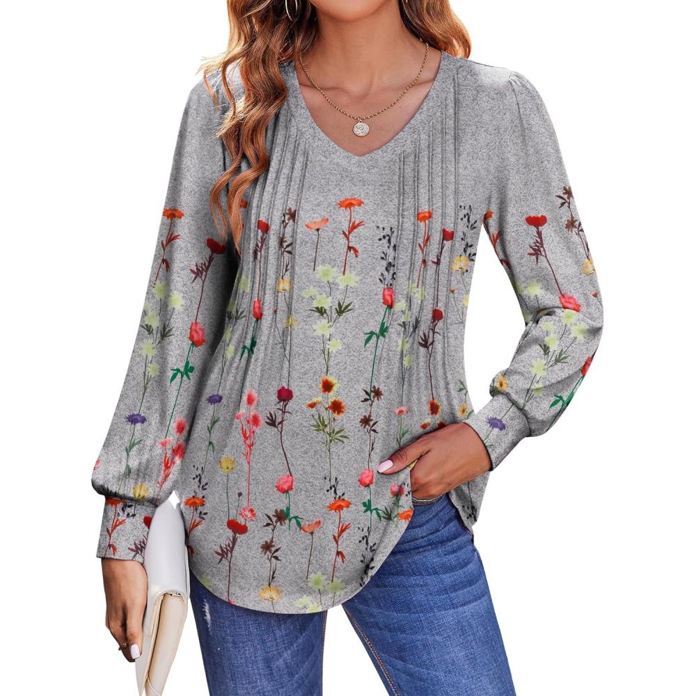 imageZeagoo Womens Puff Long Sleeve Shirts Pleated V Neck Fall Tunic Tops Blouse Dressy Casual Summer TShirtsBf195