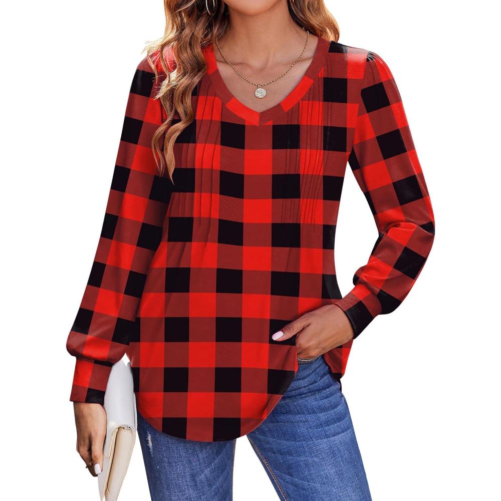 imageZeagoo Womens Puff Long Sleeve Shirts Pleated V Neck Fall Tunic Tops Blouse Dressy Casual Summer TShirtsBlack Red Plaid