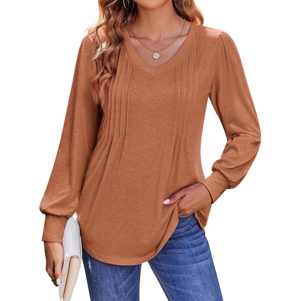 imageZeagoo Womens Puff Long Sleeve Shirts Pleated V Neck Fall Tunic Tops Blouse Dressy Casual Summer TShirtsCaramel