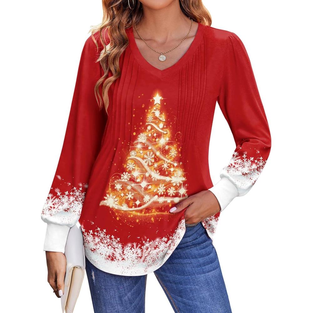 imageZeagoo Womens Puff Long Sleeve Shirts Pleated V Neck Fall Tunic Tops Blouse Dressy Casual Summer TShirtsChristmas Red