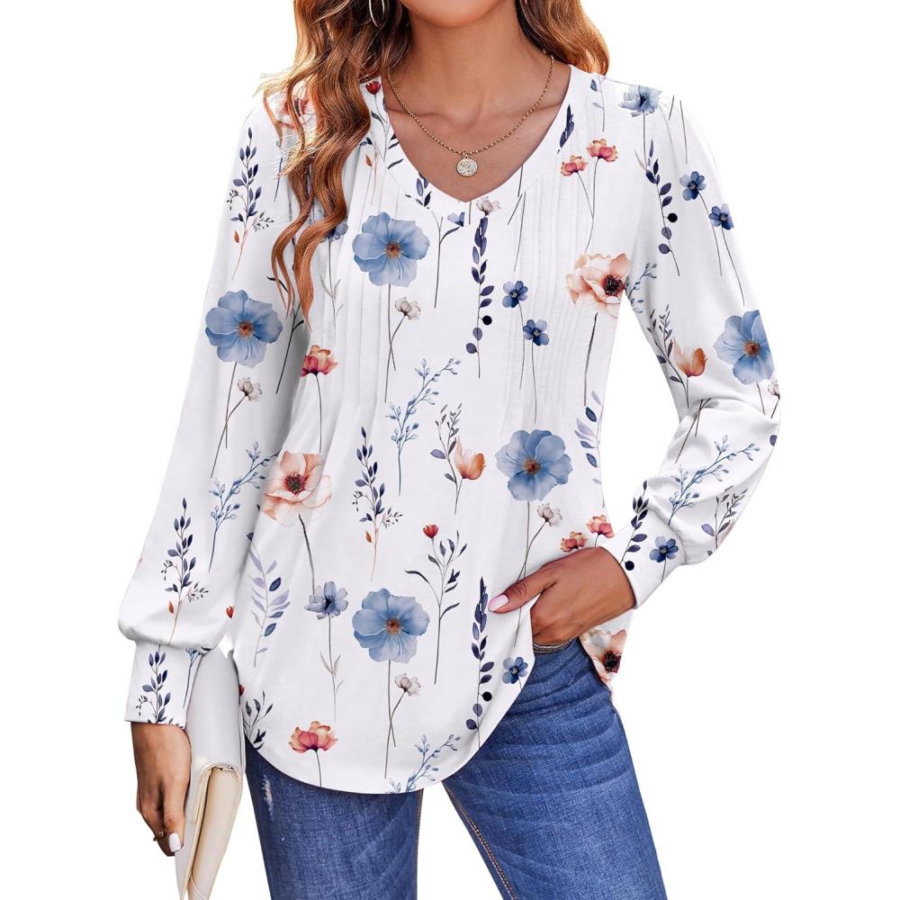 imageZeagoo Womens Puff Long Sleeve Shirts Pleated V Neck Fall Tunic Tops Blouse Dressy Casual Summer TShirtsDh6