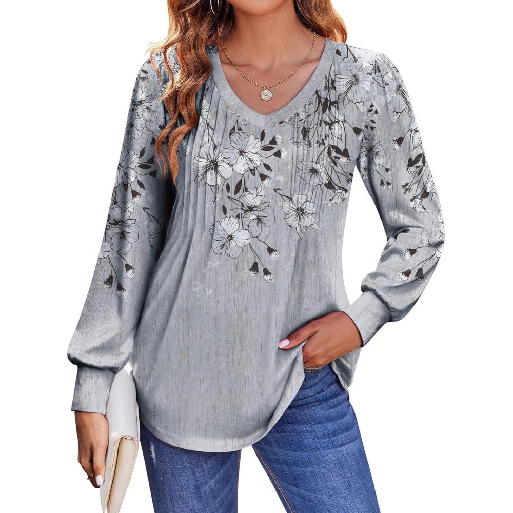 imageZeagoo Womens Puff Long Sleeve Shirts Pleated V Neck Fall Tunic Tops Blouse Dressy Casual Summer TShirtsDh62