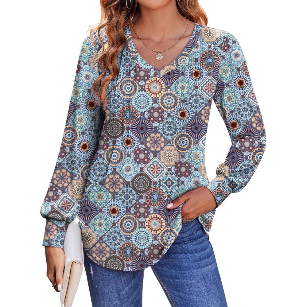 imageZeagoo Womens Puff Long Sleeve Shirts Pleated V Neck Fall Tunic Tops Blouse Dressy Casual Summer TShirtsFloral Blue Purple