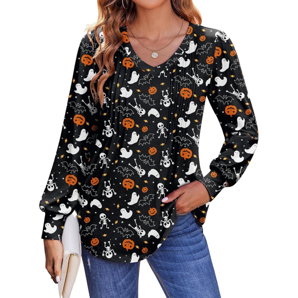 imageZeagoo Womens Puff Long Sleeve Shirts Pleated V Neck Fall Tunic Tops Blouse Dressy Casual Summer TShirtsHalloween 36