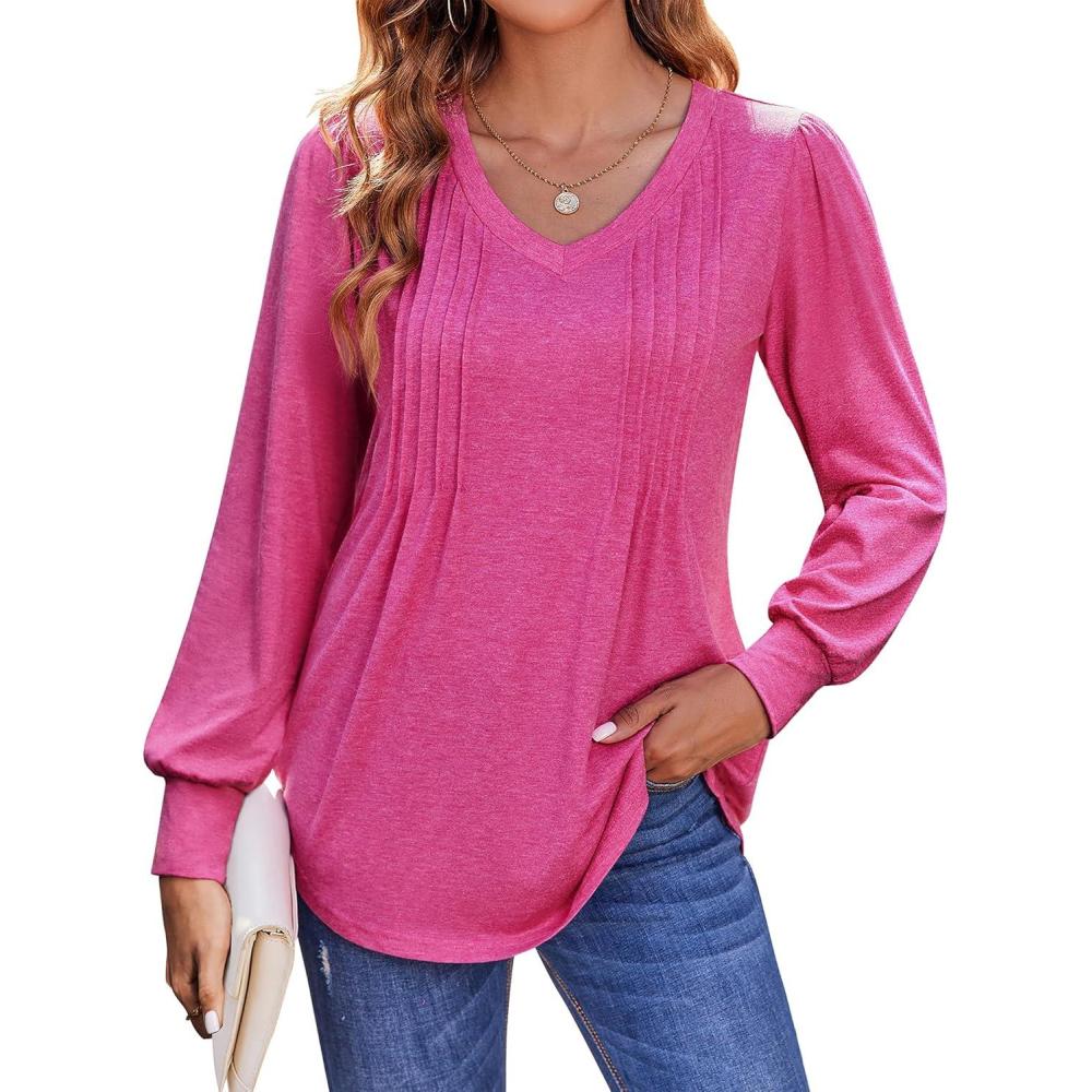 imageZeagoo Womens Puff Long Sleeve Shirts Pleated V Neck Fall Tunic Tops Blouse Dressy Casual Summer TShirtsHot Pink