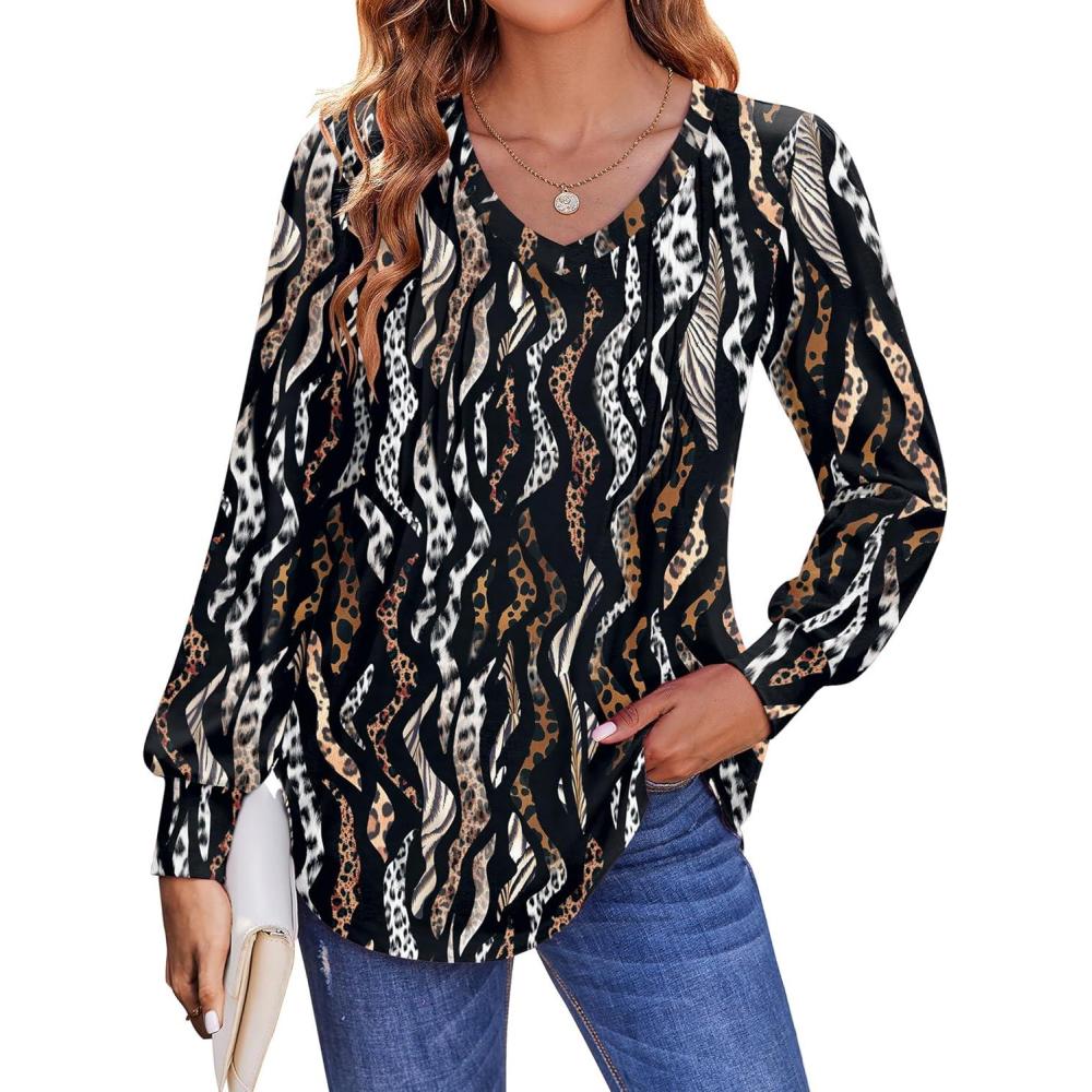 imageZeagoo Womens Puff Long Sleeve Shirts Pleated V Neck Fall Tunic Tops Blouse Dressy Casual Summer TShirtsLeopard 432