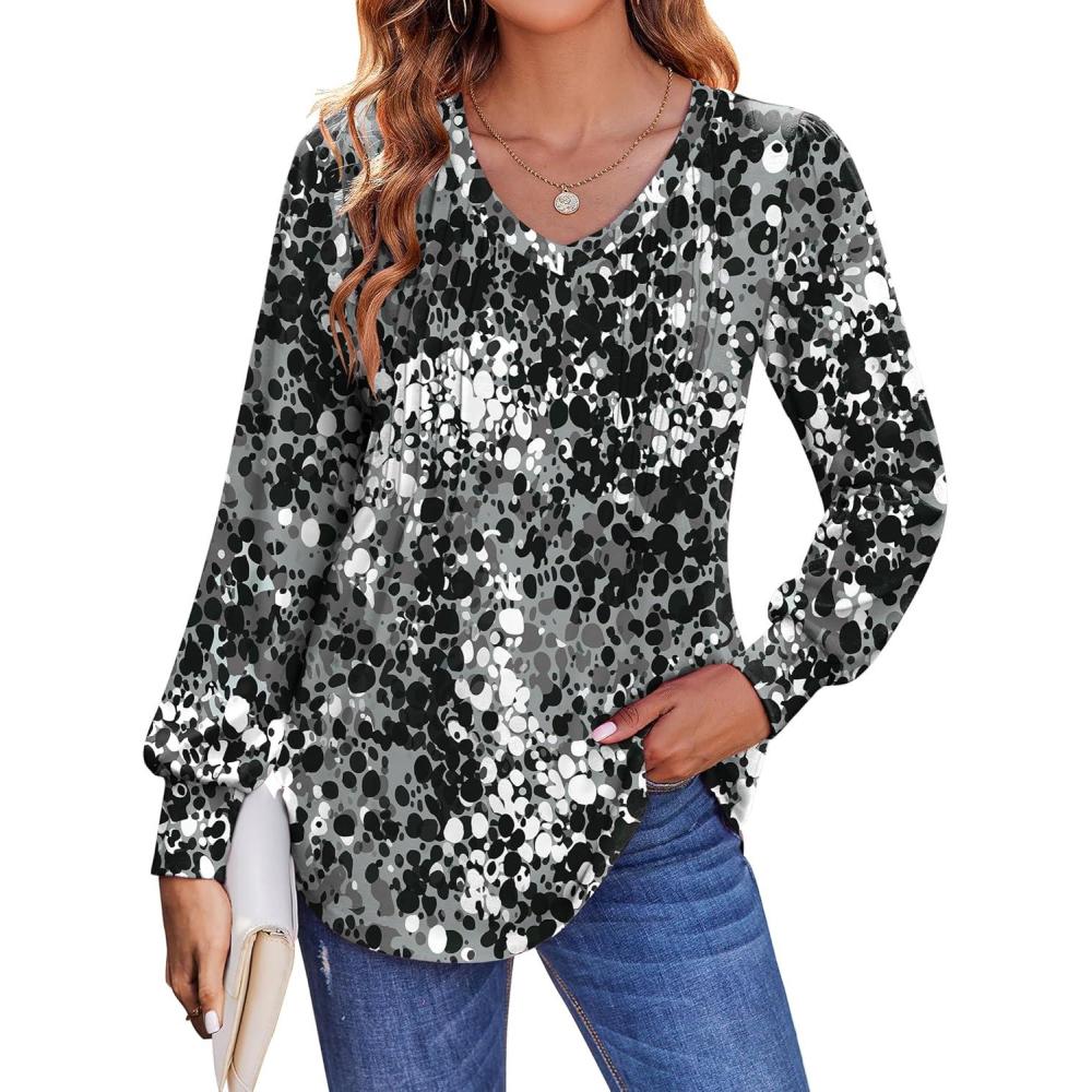 imageZeagoo Womens Puff Long Sleeve Shirts Pleated V Neck Fall Tunic Tops Blouse Dressy Casual Summer TShirtsMulticoloured 273