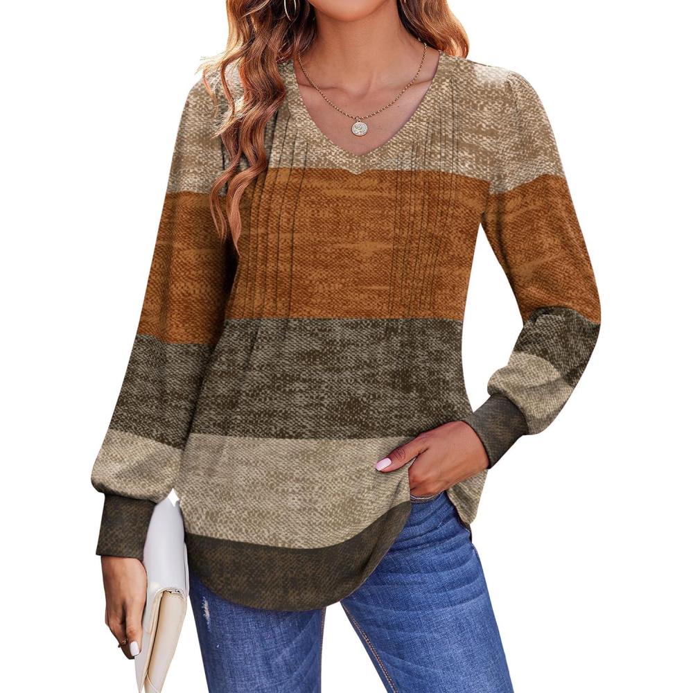 imageZeagoo Womens Puff Long Sleeve Shirts Pleated V Neck Fall Tunic Tops Blouse Dressy Casual Summer TShirtsMulticoloured 398