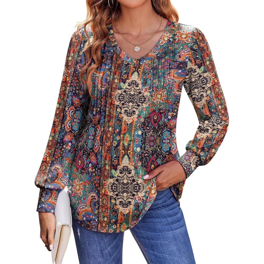 imageZeagoo Womens Puff Long Sleeve Shirts Pleated V Neck Fall Tunic Tops Blouse Dressy Casual Summer TShirtsMulticoloured 721