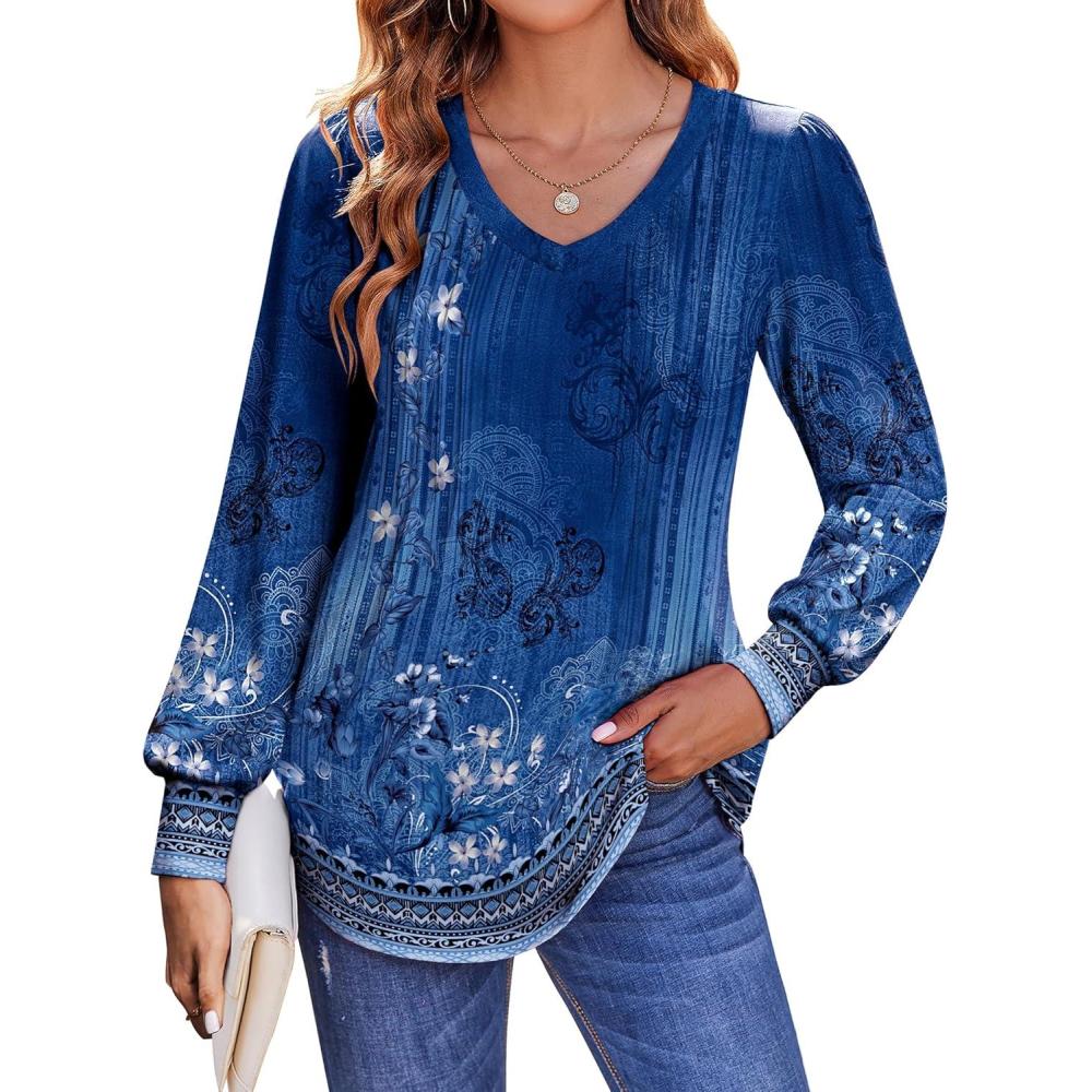 imageZeagoo Womens Puff Long Sleeve Shirts Pleated V Neck Fall Tunic Tops Blouse Dressy Casual Summer TShirtsMz712