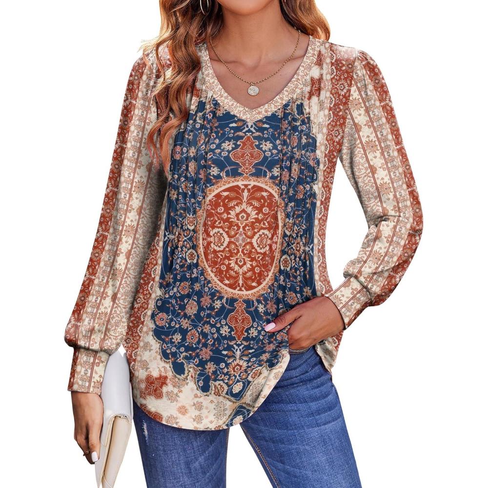 imageZeagoo Womens Puff Long Sleeve Shirts Pleated V Neck Fall Tunic Tops Blouse Dressy Casual Summer TShirtsMz757
