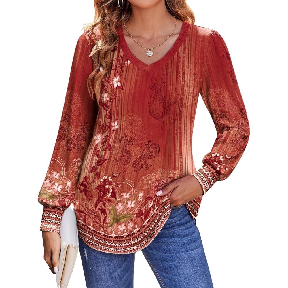 imageZeagoo Womens Puff Long Sleeve Shirts Pleated V Neck Fall Tunic Tops Blouse Dressy Casual Summer TShirtsMz766
