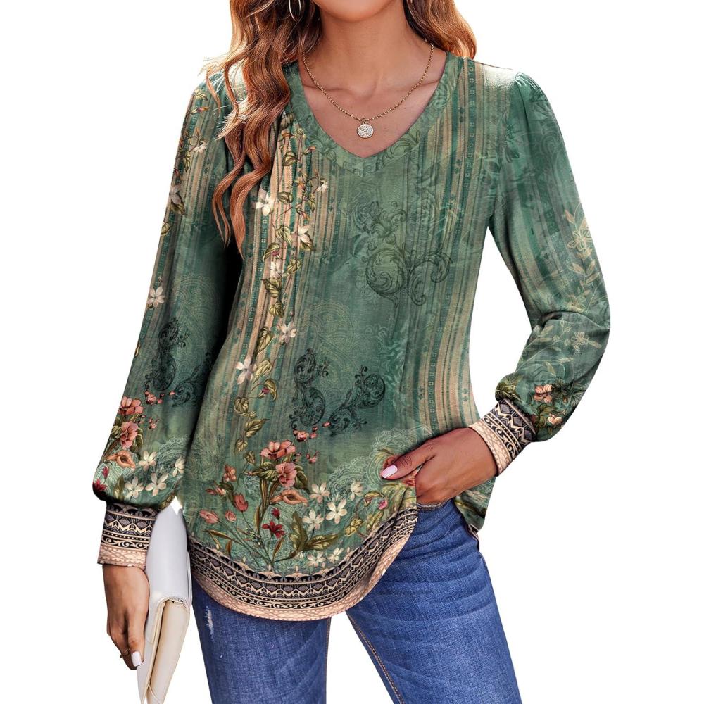 imageZeagoo Womens Puff Long Sleeve Shirts Pleated V Neck Fall Tunic Tops Blouse Dressy Casual Summer TShirtsPa171