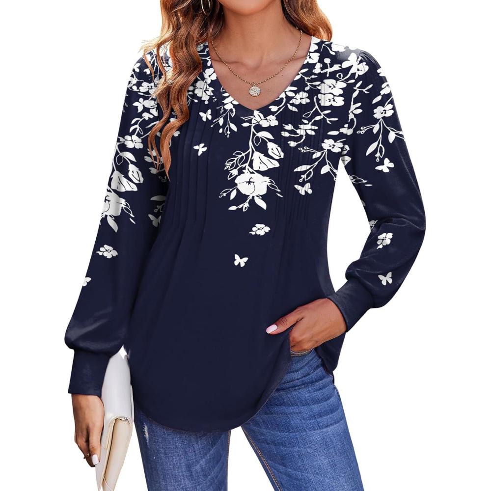 imageZeagoo Womens Puff Long Sleeve Shirts Pleated V Neck Fall Tunic Tops Blouse Dressy Casual Summer TShirtsSf103