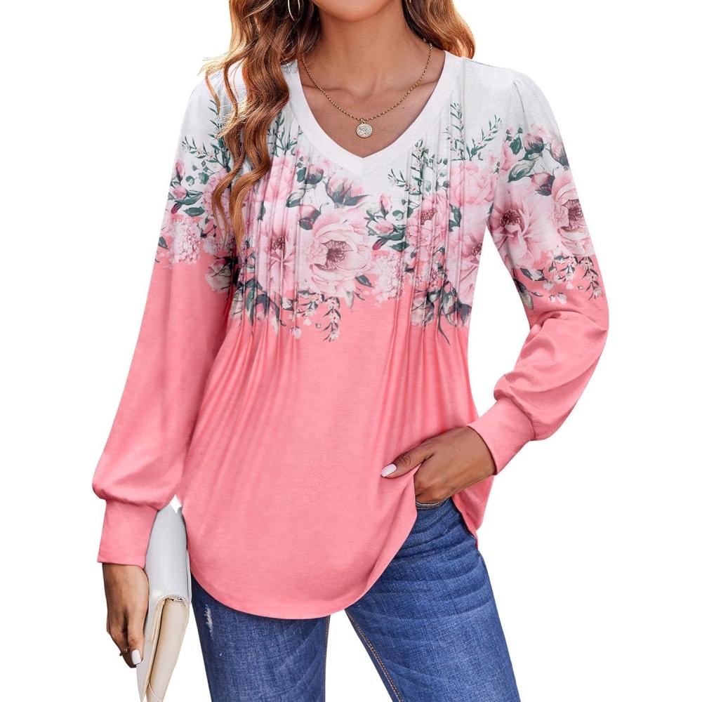 imageZeagoo Womens Puff Long Sleeve Shirts Pleated V Neck Fall Tunic Tops Blouse Dressy Casual Summer TShirtsSf122