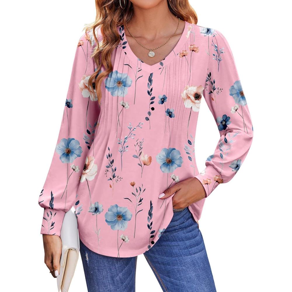 imageZeagoo Womens Puff Long Sleeve Shirts Pleated V Neck Fall Tunic Tops Blouse Dressy Casual Summer TShirtsWf53