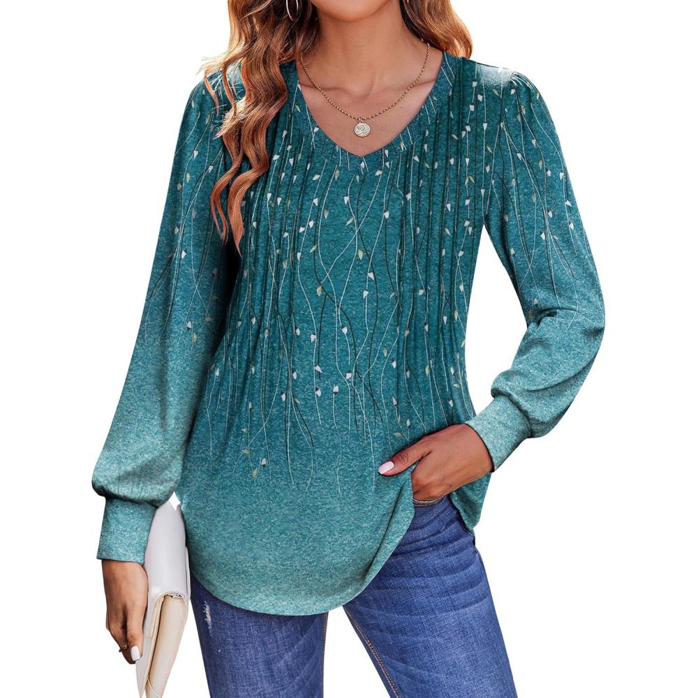 imageZeagoo Womens Puff Long Sleeve Shirts Pleated V Neck Fall Tunic Tops Blouse Dressy Casual Summer TShirtsXh363