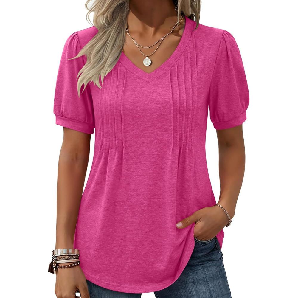 imageZeagoo Womens Puff Short Sleeve Boho Shirts Casual V Neck Floral Solid Summer Blouse Pleated Tunic TopAhot Pink